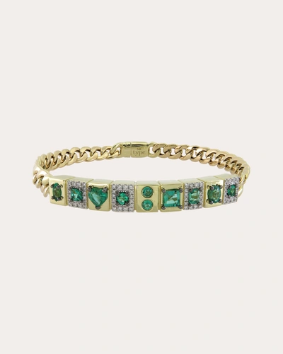 Type Jewelry Women's L'ego 14k Gold Emerald And Diamond Id Bracelet In Green