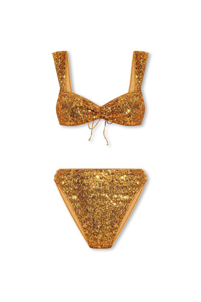 Oseree Oséree Paillettes 90s Embellished Bikini In Gold