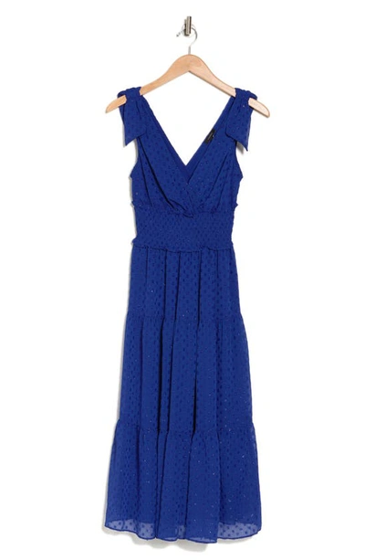 Halogen Clip Dot Tie Shoulder Tiered Midi Dress In Blue