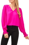 Cece Smocked Cuff V-neck Top In Fiercely Fuchsia