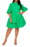 Buxom Couture Flutter Sleeve Cotton & Linen Shift Dress In Green