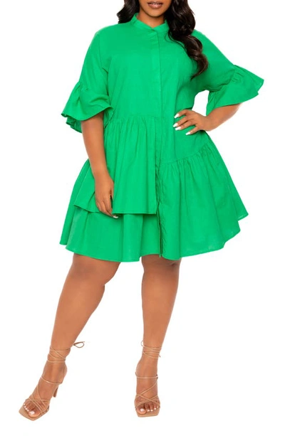 Buxom Couture Flutter Sleeve Cotton & Linen Shift Dress In Green