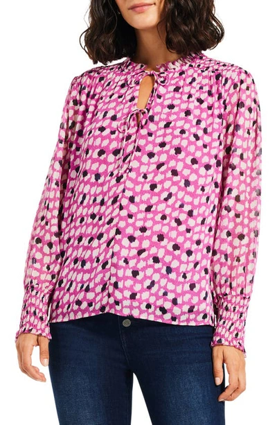 Nic + Zoe Vivid Dot Tie Neck Top In Pink Multi