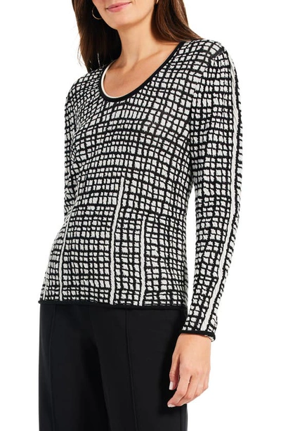 Nic + Zoe Checked Off Scoop Neck Cotton Sweater In Black