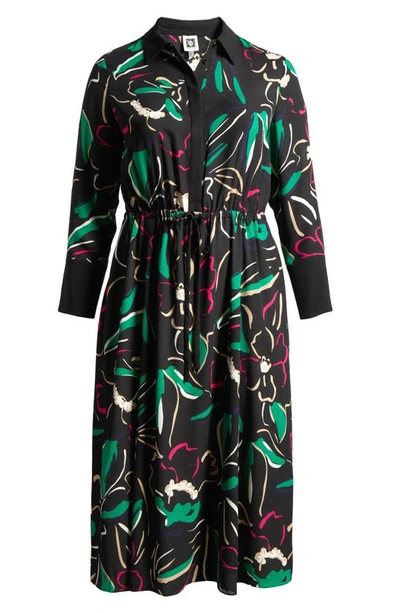 Anne Klein Floral Long Sleeve Shirtdress In Anne Black/ Emerald Mint Multi