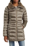 Save The Duck Caroline Faux Fur Collar Longline Puffer Jacket In Grey Mud