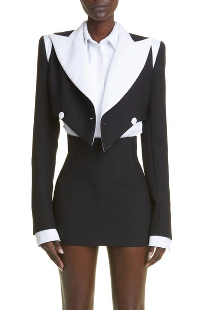 Laquan Smith Colorblock Crop Double Breasted Satin Trim Blazer In Black White