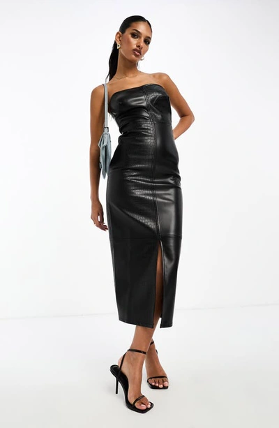 Asos Design Strapless Faux Leather Midi Dress In Black