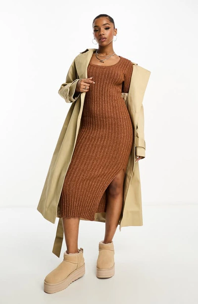 Asos Design Long Sleeve Midi Sweater Dress In Camel
