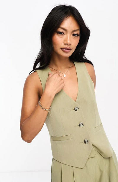 Asos Design Button-up Vest In Khaki