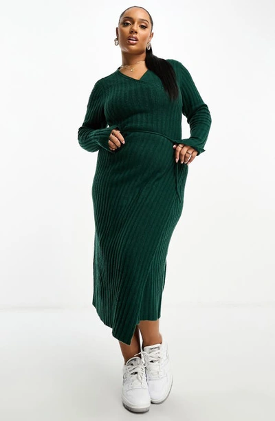 Asos Design Curve Long Sleeve Midi Wrap Sweater Dress In Dark Green