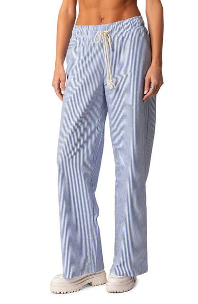 Edikted Stripe Wide Leg Drawstring Cotton Pants In Blue
