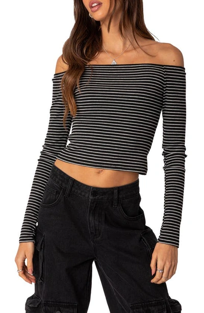 Edikted Canary Stripe Off The Shoulder Rib Crop Top In Black And White Stripes