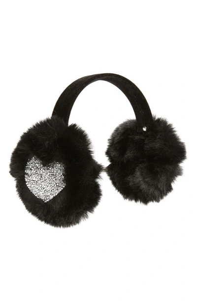 Surell Kids' Sparkle Appliqué Faux Fur Earmuffs In Black/ Silver Heart