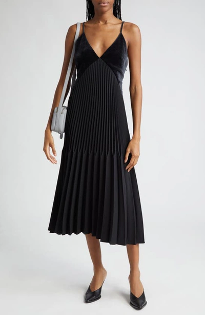 Proenza Schouler Wren Mixed Media Pleated Midi Dress In Black