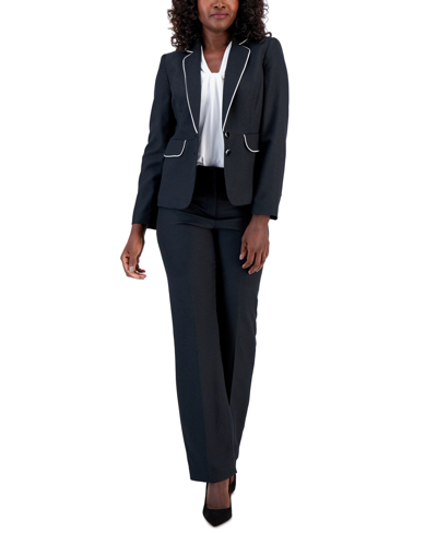 Le Suit Women's Jacquard Two-button Piped Pantsuit, Regular & Petite Sizes In Black,vanilla Ice
