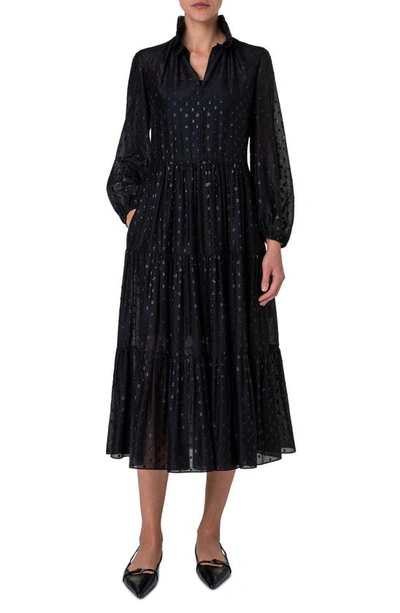 Akris Punto Metallic Dot Long Sleeve Organza Midi Dress In Black