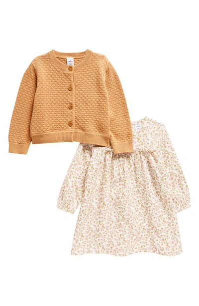 Nordstrom Babies' Print Cotton Dress & Cardigan Set In Tan Sandstorm- Folk Floral