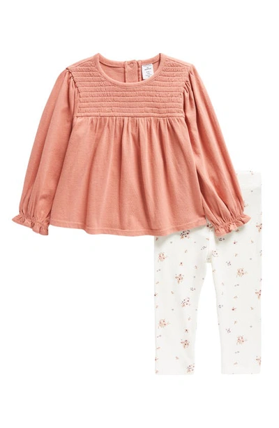 Nordstrom Babies'  Smocked Top & Floral Leggings Set In Pink Brick- Little Bouquet