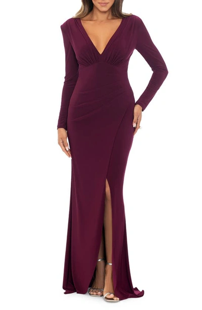 Xscape Long Sleeve Plunge Neck Gown In Wine