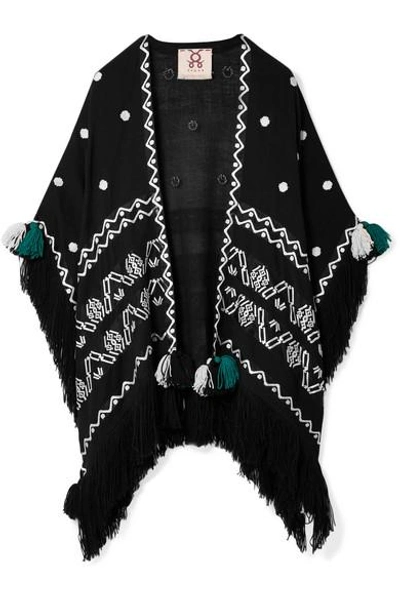 Figue Corazon Fringed Embroidered Wool Wrap In Black