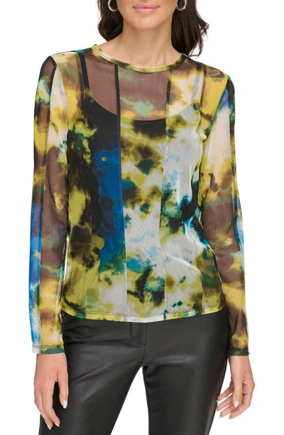 Dkny Tie Dye Mesh Top In Citrine/black Multi