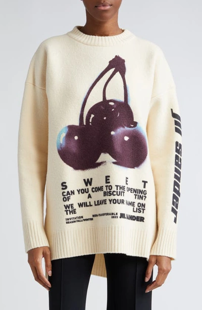 Jil Sander Oversize Cherry Print Wool Sweater In White/multicolor Cherry