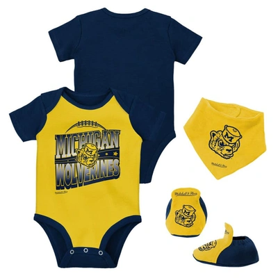 Mitchell & Ness Babies' Infant  Navy/maize Michigan Wolverines 3-pack Bodysuit, Bib And Bootie Set