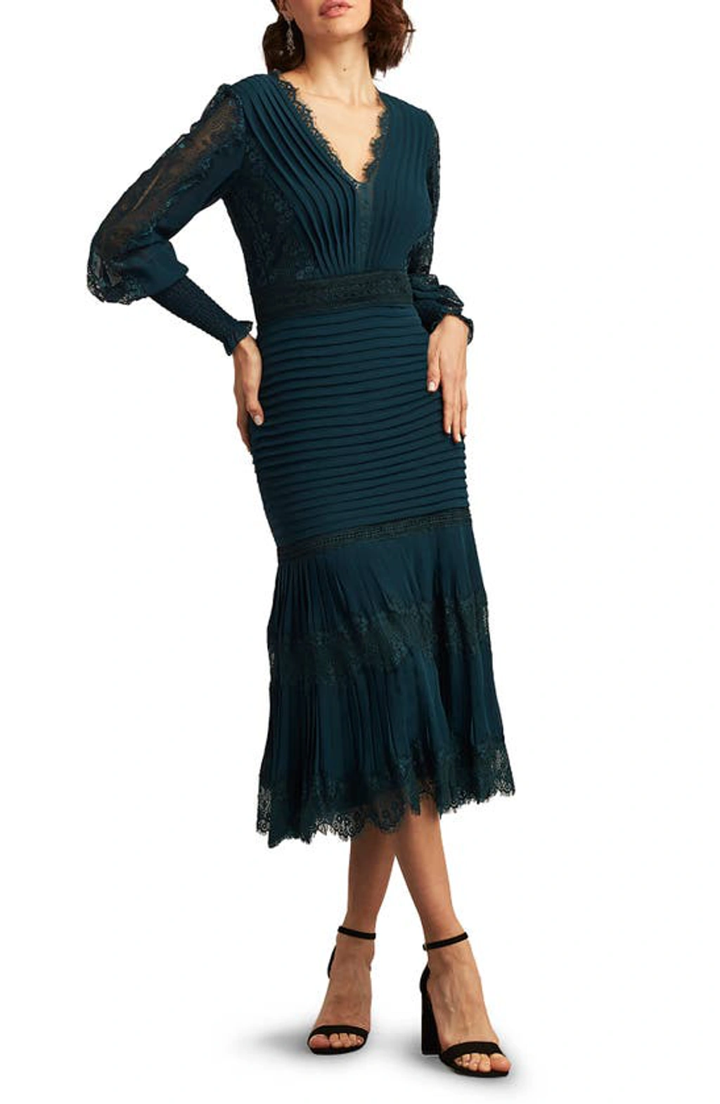 Tadashi Shoji Lace Pintuck Long Sleeve Midi Cocktail Dress In Eclipse |  ModeSens