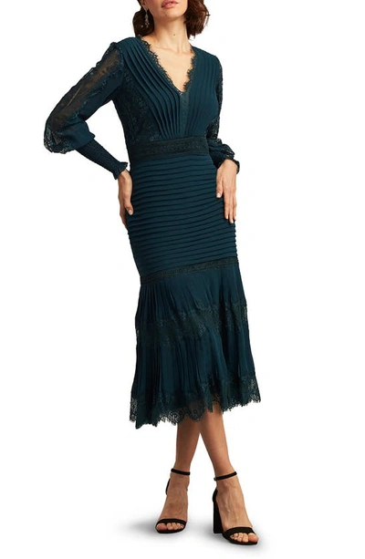 Tadashi Shoji Lace Pintuck Long Sleeve Midi Cocktail Dress In Eclipse