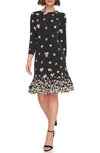 Tommy Hilfiger Floral Ruffle Hem Shift Dress In Black/ Cream
