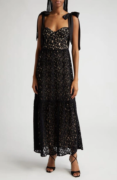 Farm Rio Velvet Lace Gown In Black