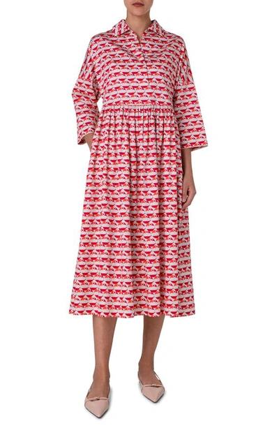 Akris Punto Flamingo Dot Print Long Sleeve Cotton Midi Dress In Beige Red Coral