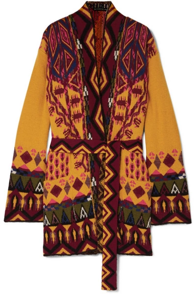 Etro Belted Cardigan In Wool And Cashmere In Yellow