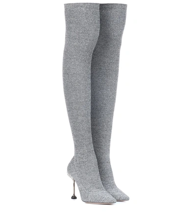 Miu Miu Crystal-embellished Metallic Ribbed-knit Over-the-knee Sock Boots In Silver