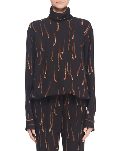 Dries Van Noten High-neck Long-sleeve Feather-print Button-back Top In Black