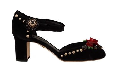 Dolce & Gabbana Black Crystal Rose Heel Women's Sandals
