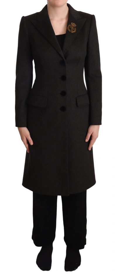 Dolce & Gabbana Gray Wool Cashmere Coat Crest Applique Women's Jacket