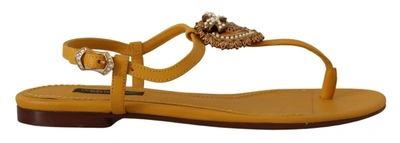 Dolce & Gabbana Mustard T-strap Flat Sandals With Heart Women's Embellishment In Yellow