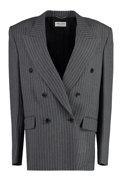 Saint Laurent Double-breasted Pinstripe Wool Blazer In Grey