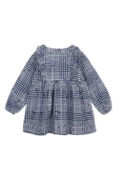 Miles The Label Babies' Floral Gingham Long Sleeve Flannel Organic Cotton Dress In Navy