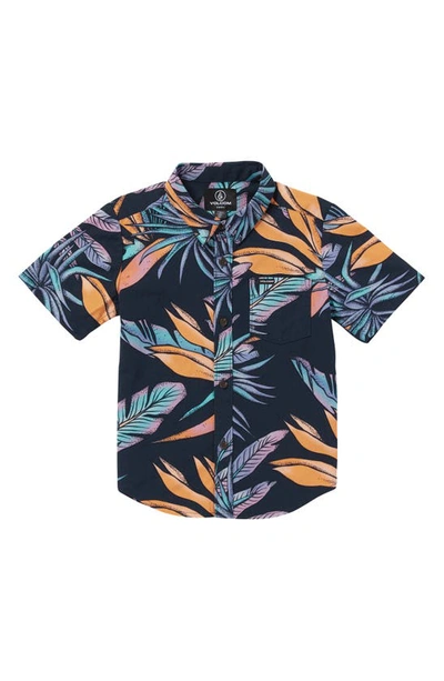 Volcom Kids' Indospray Floral Short Sleeve Button-up Shirt In Nvy