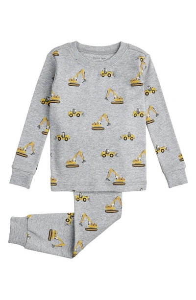 Petit Lem Kids' Diggers Print Organic Cotton Fitted Two-piece Pyjamas In Medium Heather Grey