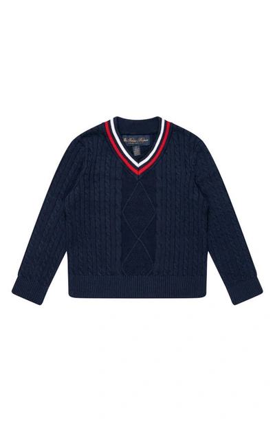 Brooks Brothers Kids' Cable Cotton V-neck Sweater In Nav Navy