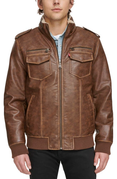 Levi's® Faux Leather Faux Shearling Lined Aviator Bomber Jacket In Saddle