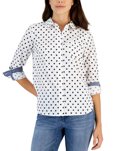 Tommy Hilfiger Women's Cotton Polka-dot Roll-tab Shirt In Bright White,sky Captain