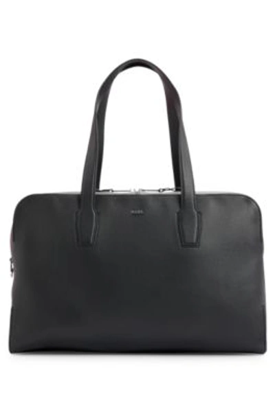 Hugo Boss Zipped Holdall In Grained Leather With Logo Lettering In Black