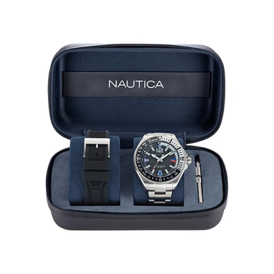 Nautica Mens Clearwater Beach Stainless Steel And Silicone Watch Box Set In Black