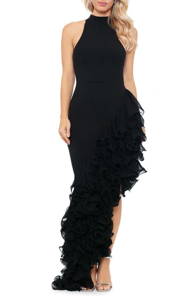 Betsy & Adam Ruffle Detail Asymmetric Body-con Ponte Gown In Black