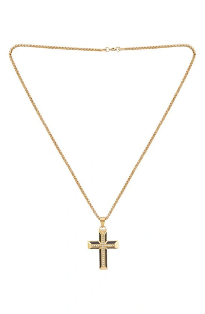 American Exchange Goldtone Plated Stainless Steel Diamond Cross Necklace In Gold/ Black